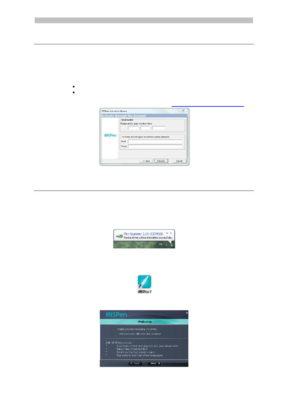Activation, Getting started with the irispentm, Step 1: connect the irispentm | Step 2: start the application, Getting started with the irispen | I.R.I.S. IRISPen Executive 7 User Manual | Page 4 / 14