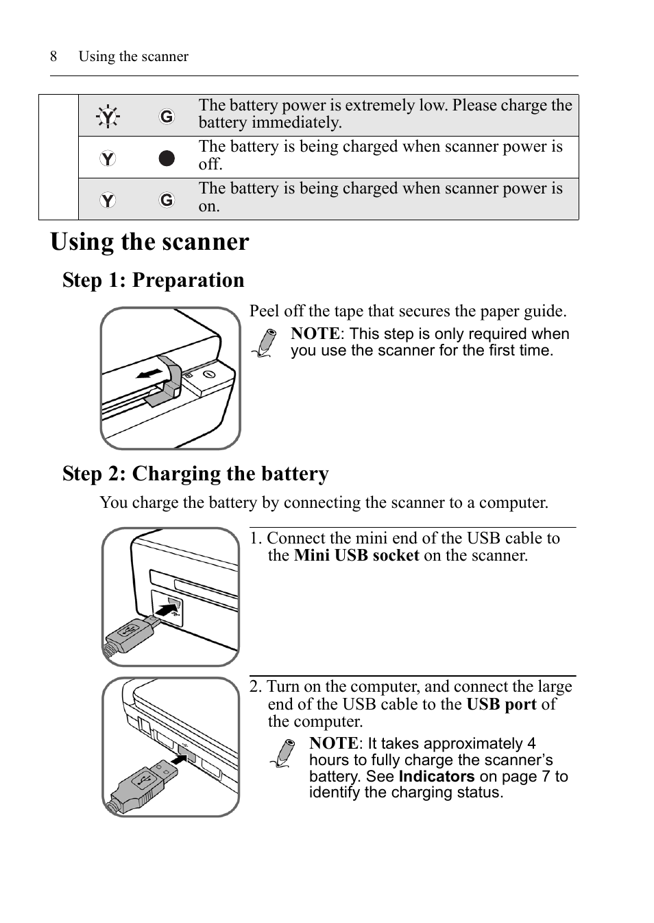 Using the scanner, Step 1: preparation step 2: charging the battery | I.R.I.S. RISCard Anywhere User Manual | Page 11 / 25