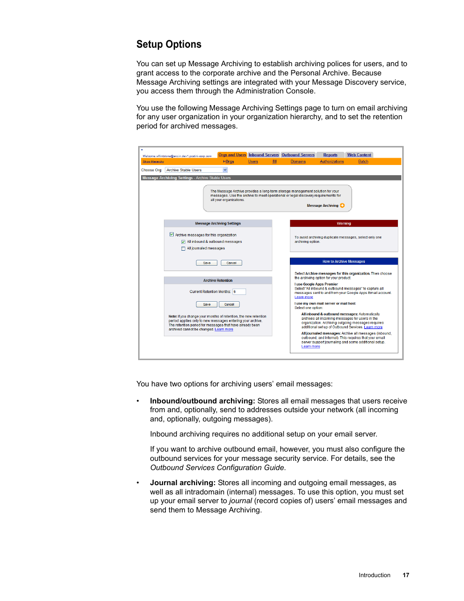 Setup options | Google Message Archiving Administration Guide User Manual | Page 16 / 79