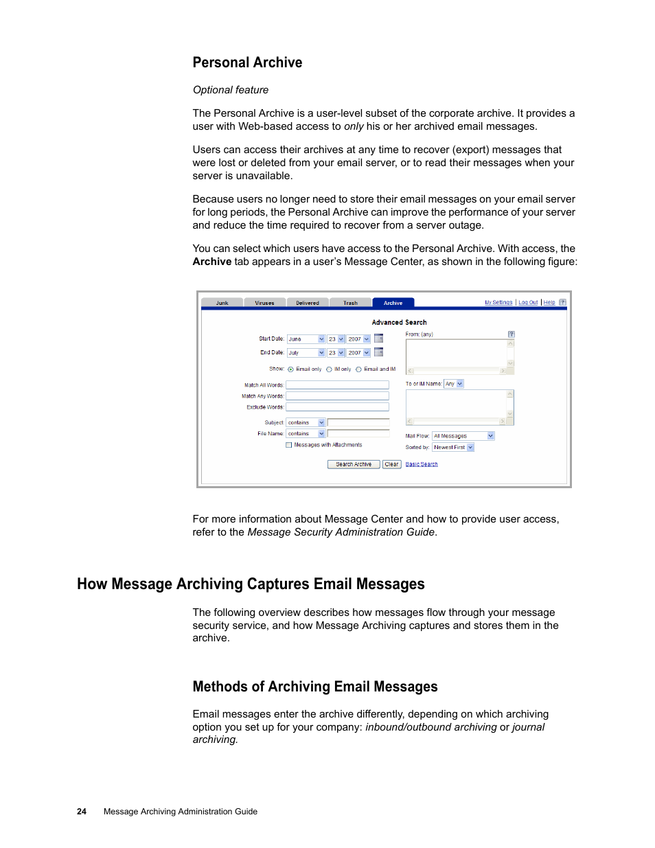 Personal archive, How message archiving captures email messages, Methods of archiving email messages | Google Message Archiving Administration Guide User Manual | Page 23 / 79