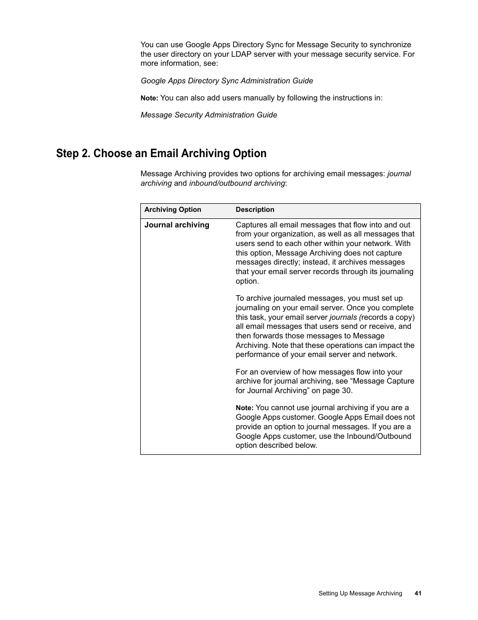 Step 2. choose an email archiving option | Google Message Archiving Administration Guide User Manual | Page 39 / 79