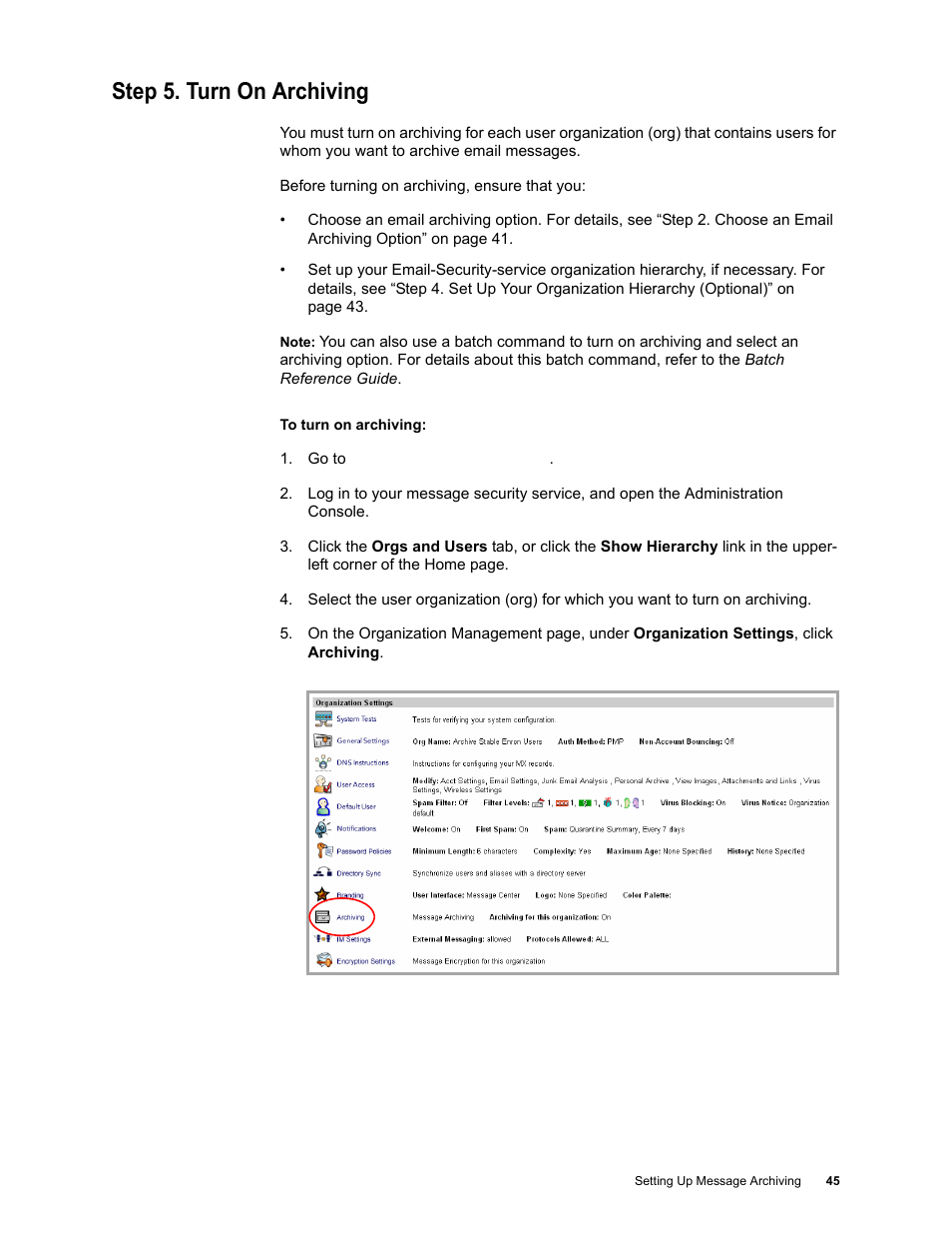 Step 5. turn on archiving | Google Message Archiving Administration Guide User Manual | Page 43 / 79