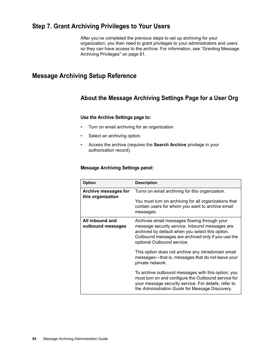 Step 7. grant archiving privileges to your users, Message archiving setup reference | Google Message Archiving Administration Guide User Manual | Page 52 / 79