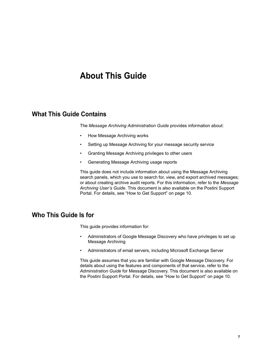 About this guide, What this guide contains, Who this guide is for | About this guide what this guide contains | Google Message Archiving Administration Guide User Manual | Page 6 / 79