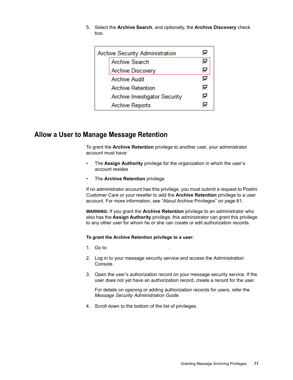 Allow a user to manage message retention | Google Message Archiving Administration Guide User Manual | Page 68 / 79