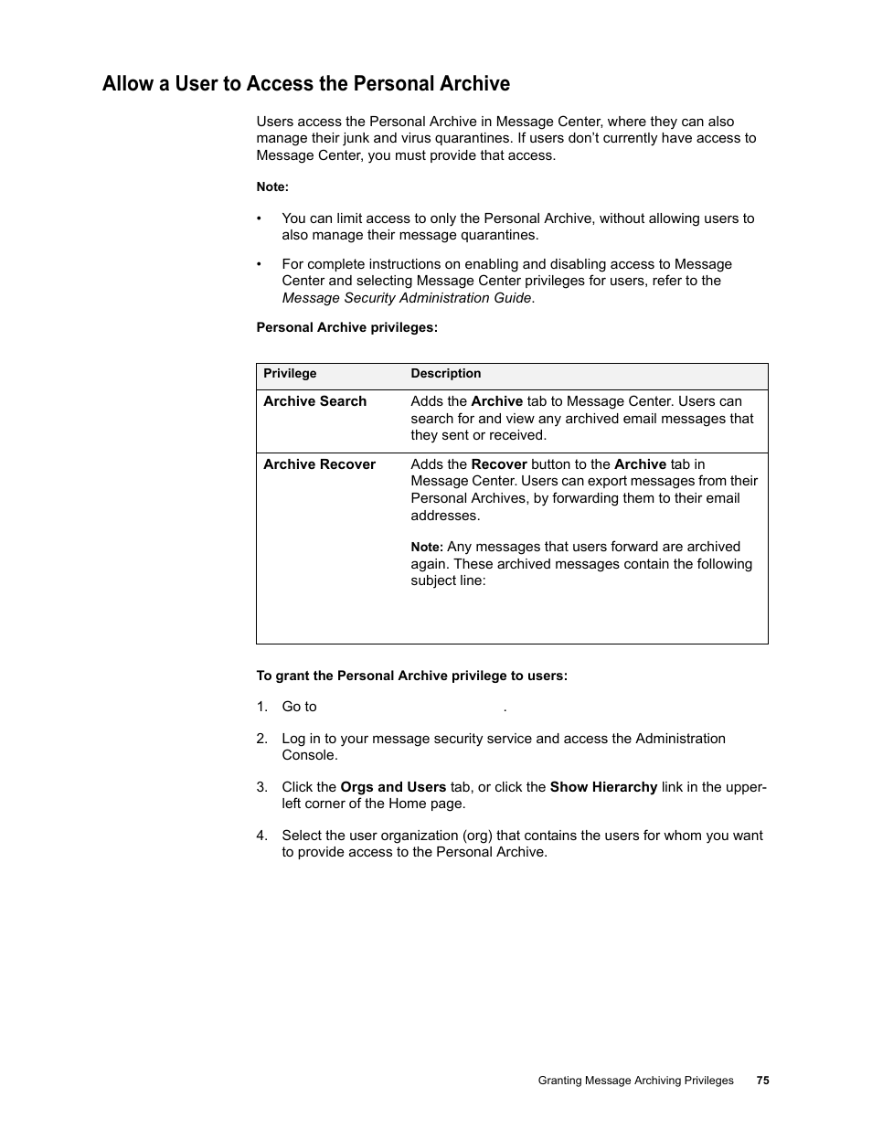 Allow a user to access the personal archive | Google Message Archiving Administration Guide User Manual | Page 72 / 79