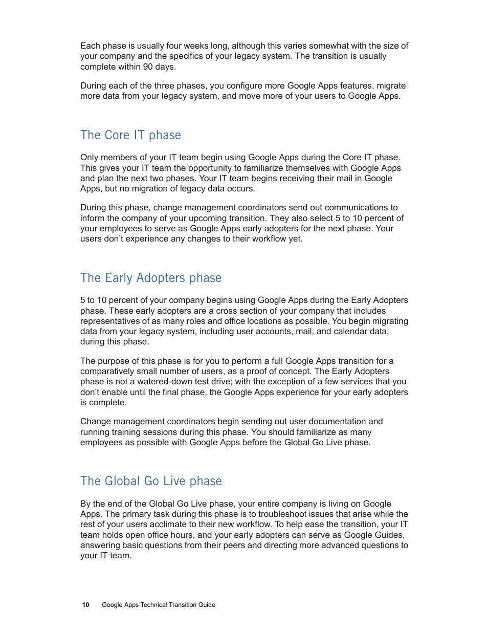 The core it phase, The early adopters phase, The global go live phase | Google Apps Technical Transition Guide For Business, Education, and Government User Manual | Page 10 / 56