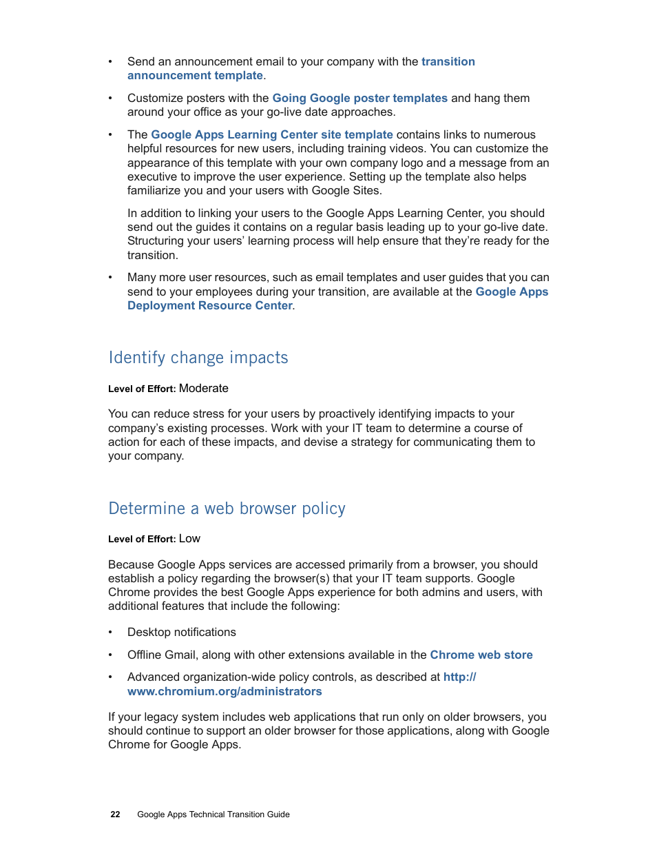 Identify change impacts, Determine a web browser policy, Identify change impacts (p. 22) | Google Apps Technical Transition Guide For Business, Education, and Government User Manual | Page 22 / 56