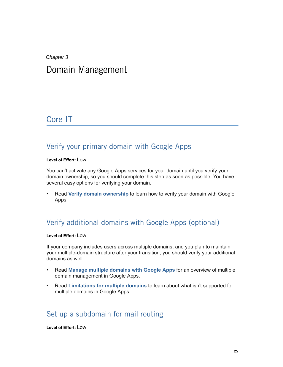 Domain management, Core it, Verify your primary domain with google apps | Set up a subdomain for mail routing, Chapter 3: domain management core it, Set up a subdomain for mail routing (p. 25) | Google Apps Technical Transition Guide For Business, Education, and Government User Manual | Page 25 / 56
