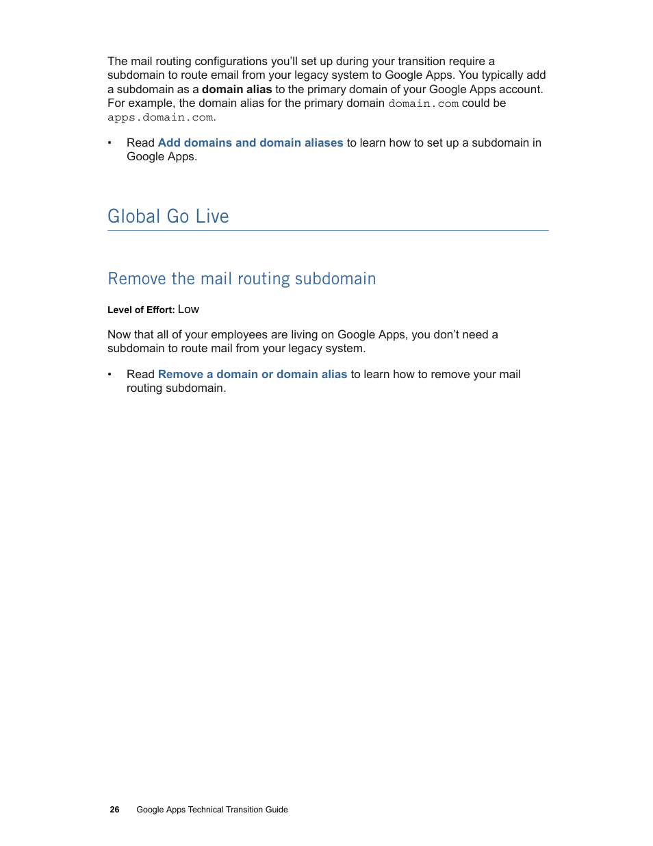Global go live, Remove the mail routing subdomain | Google Apps Technical Transition Guide For Business, Education, and Government User Manual | Page 26 / 56