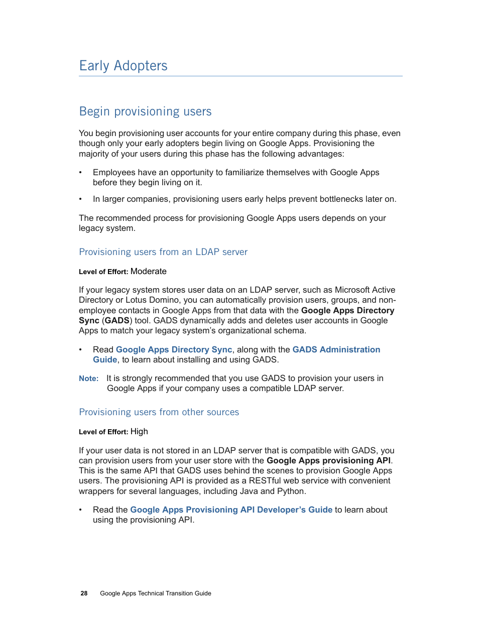 Early adopters, Begin provisioning users, Begin provisioning users (p. 28) | Google Apps Technical Transition Guide For Business, Education, and Government User Manual | Page 28 / 56