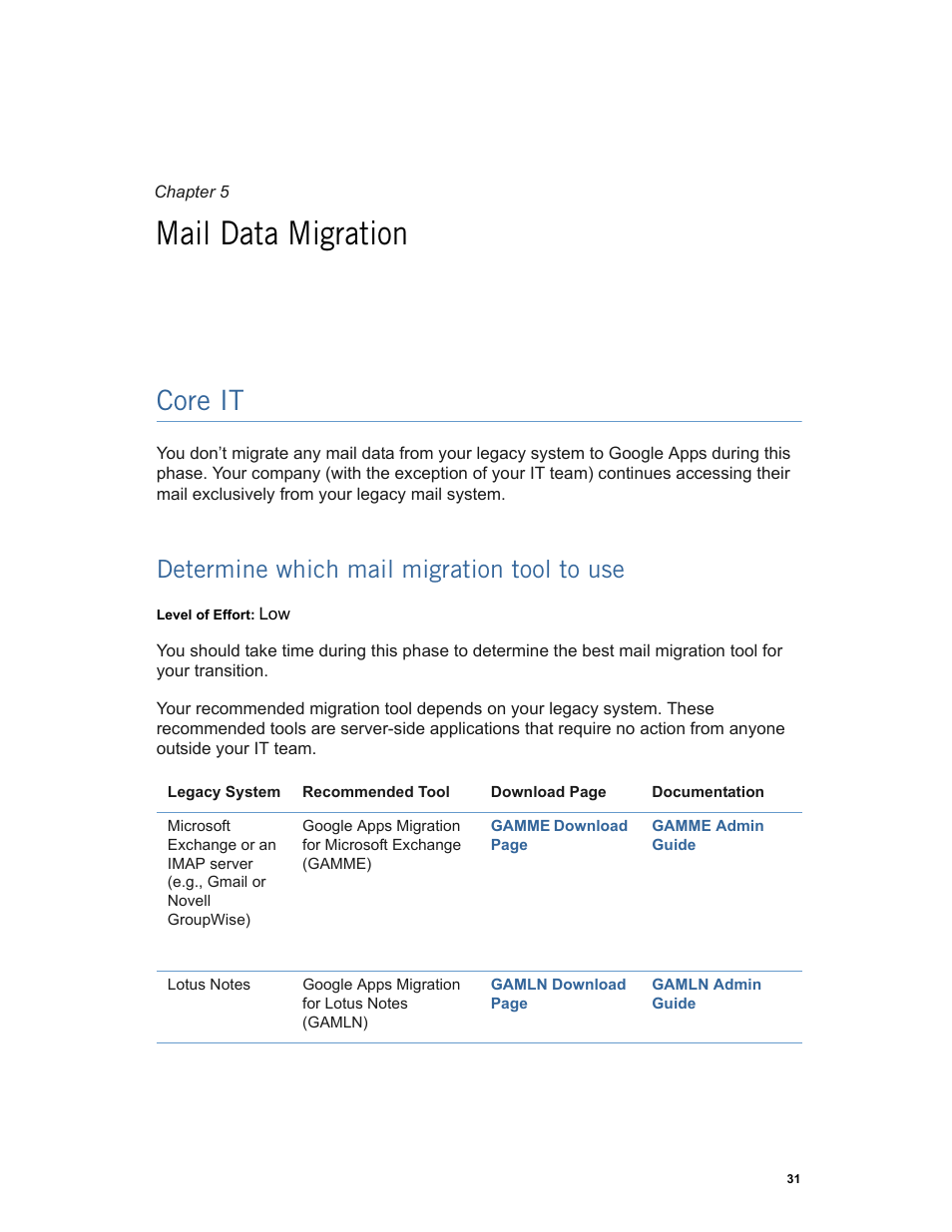 Mail data migration, Core it, Determine which mail migration tool to use | Chapter 5: mail data migration core it, Determine which mail migration tool to use (p. 31) | Google Apps Technical Transition Guide For Business, Education, and Government User Manual | Page 31 / 56