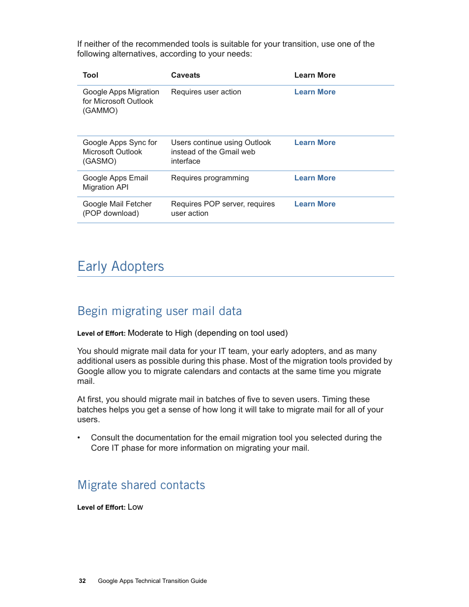 Early adopters, Begin migrating user mail data, Migrate shared contacts | Begin migrating user mail data (p. 32) | Google Apps Technical Transition Guide For Business, Education, and Government User Manual | Page 32 / 56