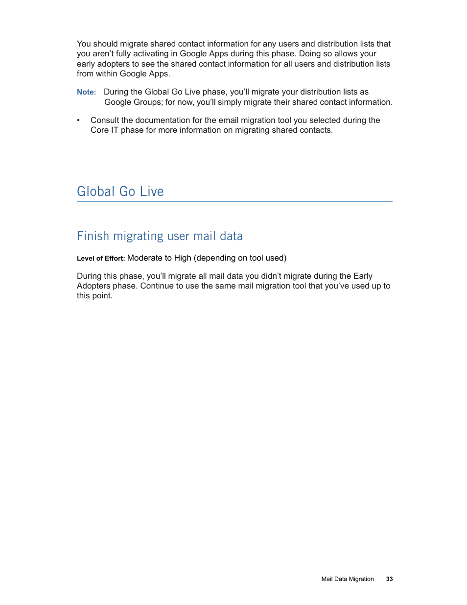 Global go live, Finish migrating user mail data, Finish migrating user mail data (p. 33) | Google Apps Technical Transition Guide For Business, Education, and Government User Manual | Page 33 / 56