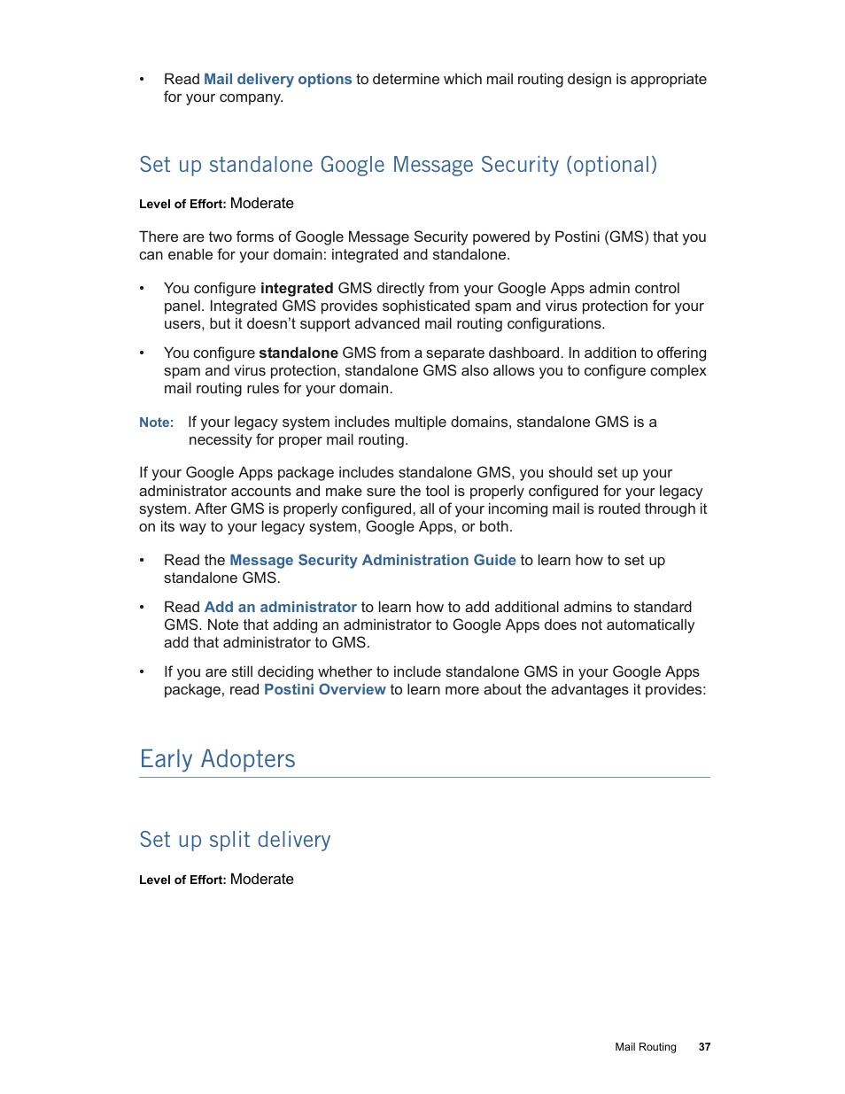 Early adopters, Set up split delivery, Set up split delivery (p. 37) | Google Apps Technical Transition Guide For Business, Education, and Government User Manual | Page 37 / 56