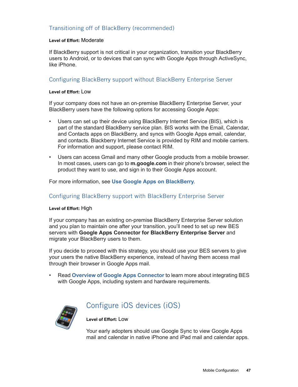Configure ios devices (ios), Configure ios devices (ios) (p. 47) | Google Apps Technical Transition Guide For Business, Education, and Government User Manual | Page 47 / 56