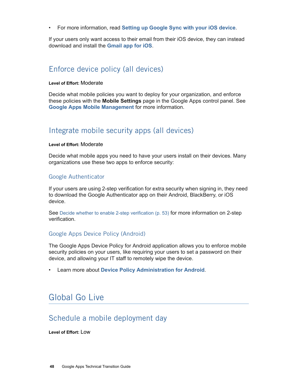 Enforce device policy (all devices), Integrate mobile security apps (all devices), Global go live | Schedule a mobile deployment day, Schedule a mobile deployment day (p. 48), Enforce device policy (all devices) (p. 48) | Google Apps Technical Transition Guide For Business, Education, and Government User Manual | Page 48 / 56
