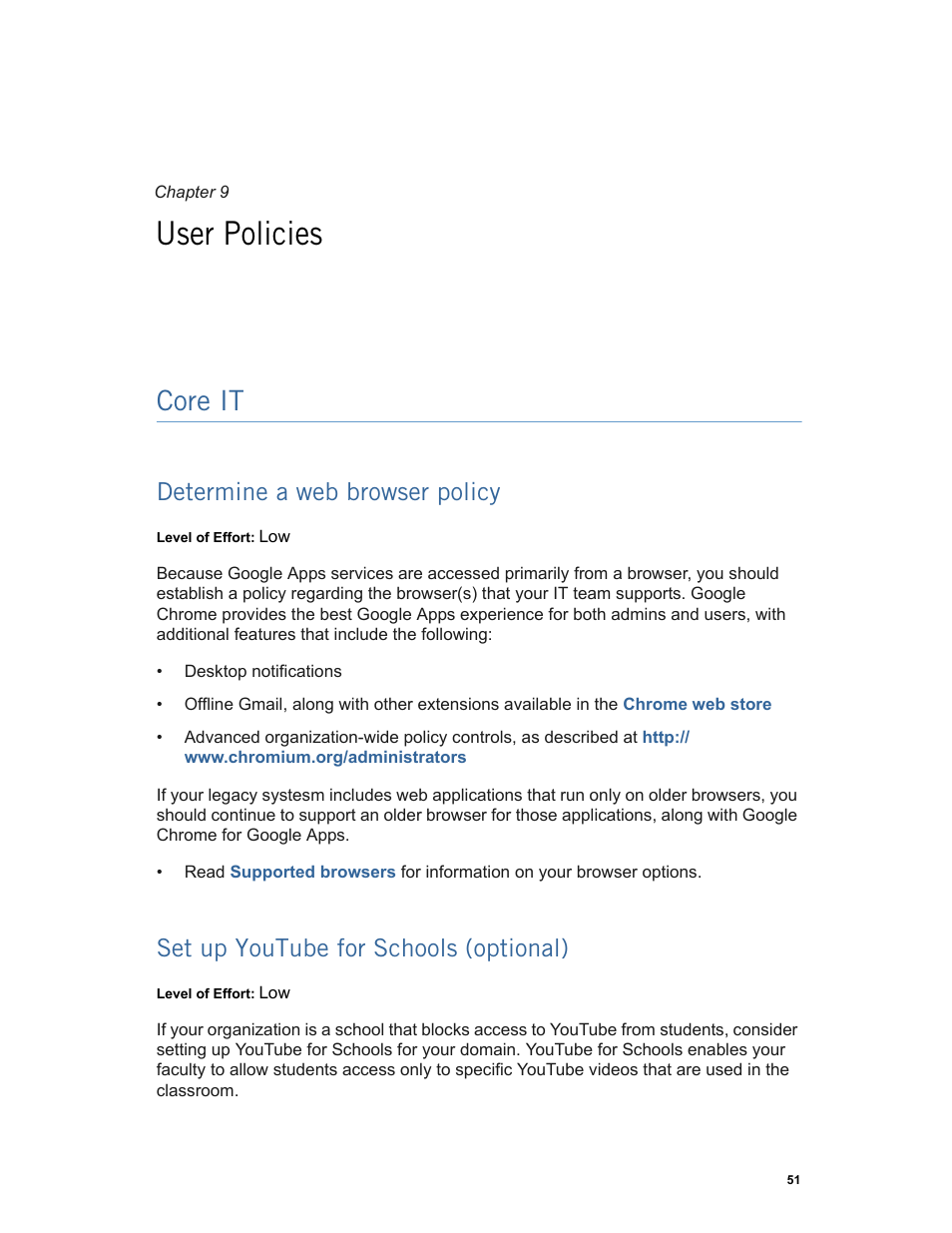 User policies, Core it, Determine a web browser policy | Set up youtube for schools (optional), Chapter 9: user policies core it, Determine a web browser policy (p. 51), Set up youtube for schools (optional) (p. 51) | Google Apps Technical Transition Guide For Business, Education, and Government User Manual | Page 51 / 56