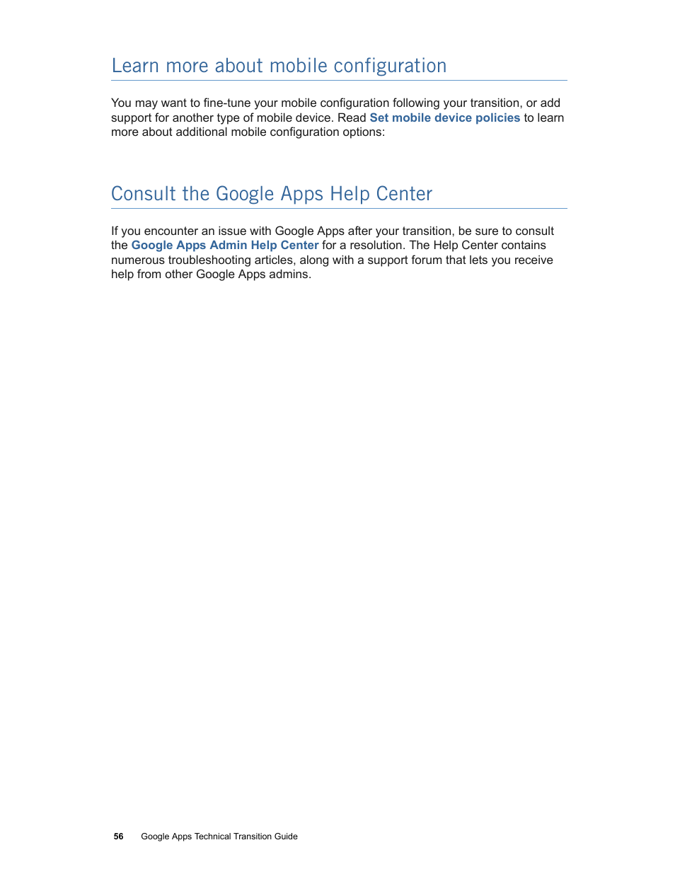 Learn more about mobile configuration, Consult the google apps help center | Google Apps Technical Transition Guide For Business, Education, and Government User Manual | Page 56 / 56
