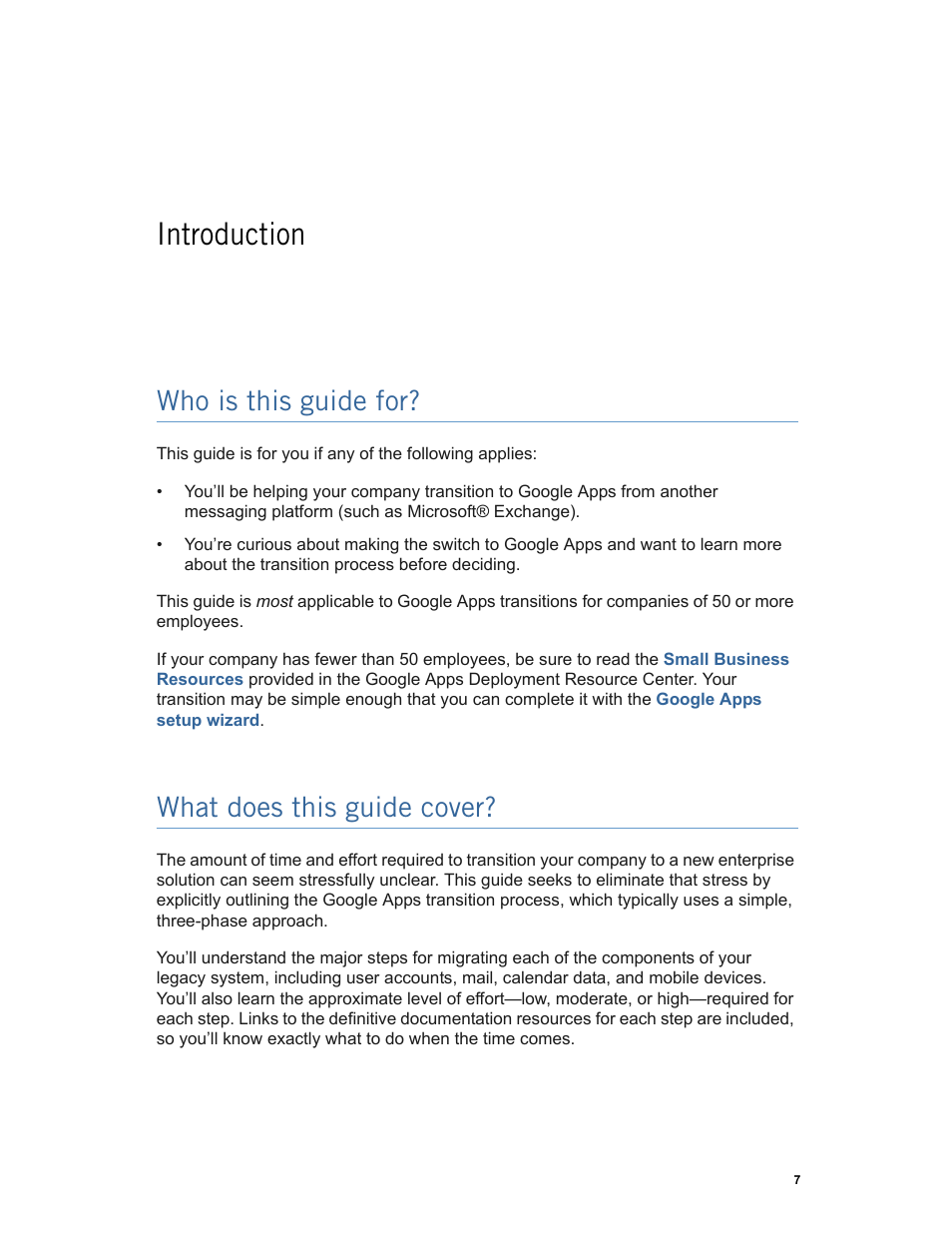 Introduction, Who is this guide for, What does this guide cover | Google Apps Technical Transition Guide For Business, Education, and Government User Manual | Page 7 / 56
