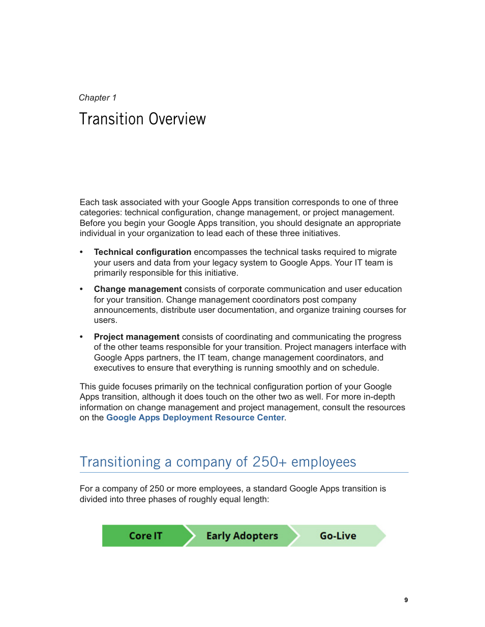Transition overview, Transitioning a company of 250+ employees | Google Apps Technical Transition Guide For Business, Education, and Government User Manual | Page 9 / 56