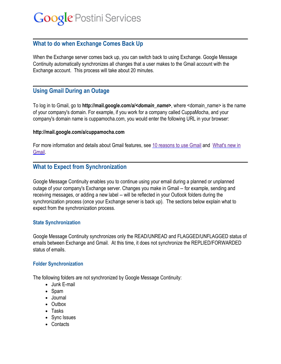 State synchronization, Folder synchronization, What to do when exchange comes back up | Using gmail during an outage, What to expect from synchronization | Google Message Continuity User Guide User Manual | Page 2 / 5