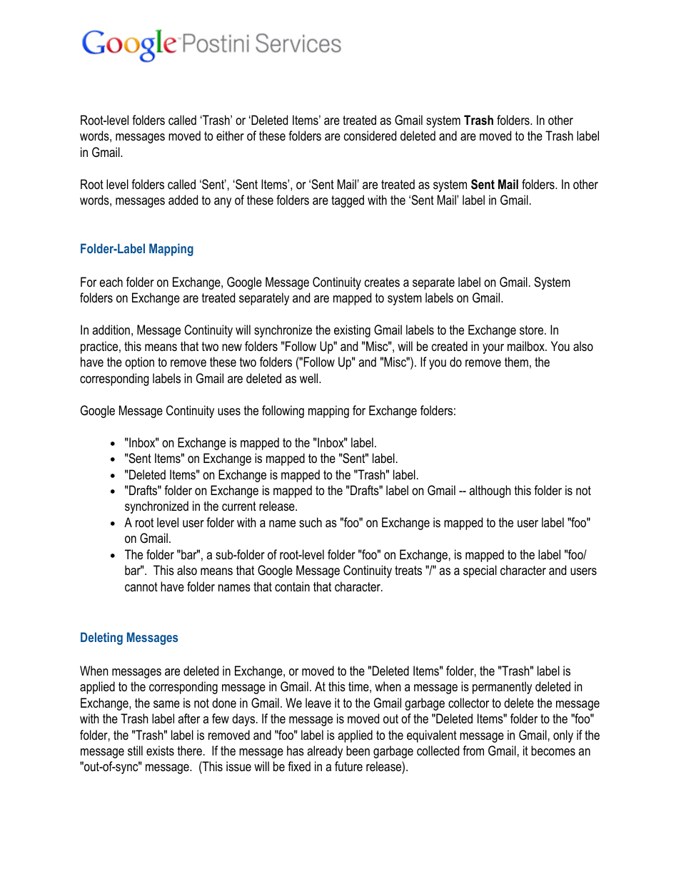 Folder-label mapping, Deleting messages | Google Message Continuity User Guide User Manual | Page 3 / 5