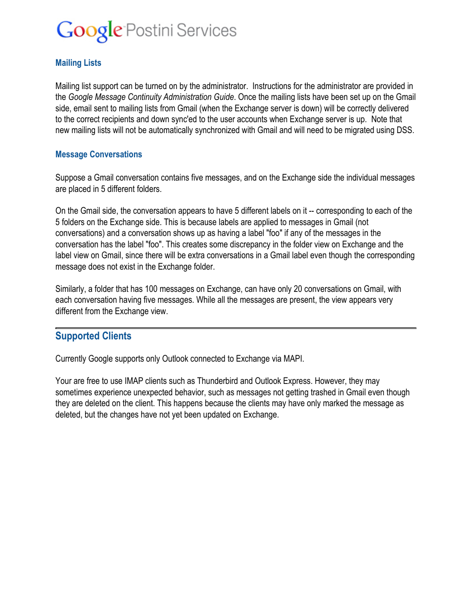Mailing lists, Message conversations, Supported clients | Google Message Continuity User Guide User Manual | Page 5 / 5