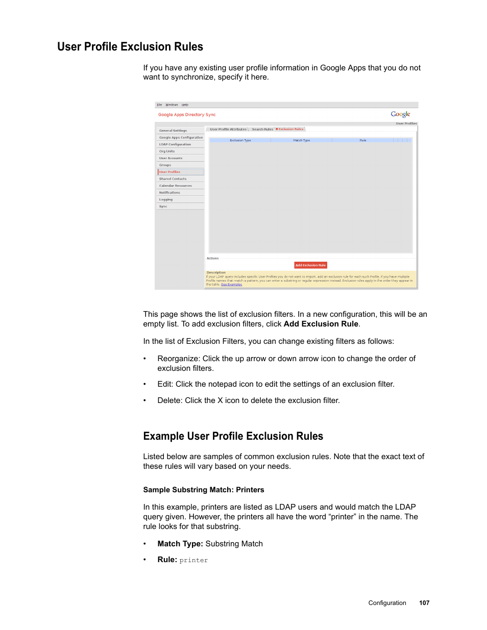User profile exclusion rules, Example user profile exclusion rules, User profile exclusion rules 107 | Google Apps Directory Sync Administration Guide User Manual | Page 107 / 146