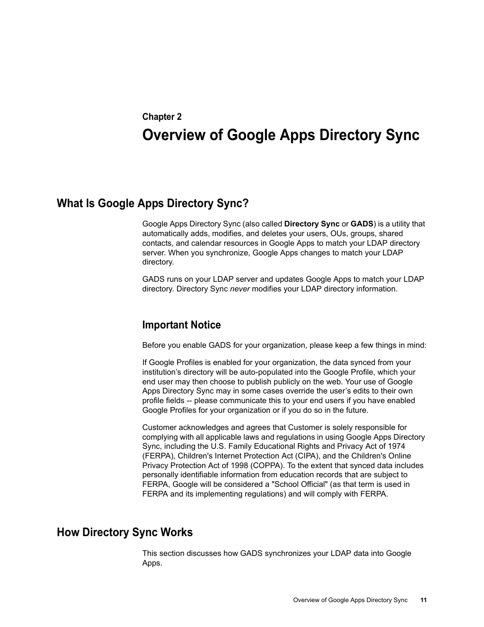 Overview of google apps directory sync, What is google apps directory sync, Important notice | How directory sync works | Google Apps Directory Sync Administration Guide User Manual | Page 11 / 146