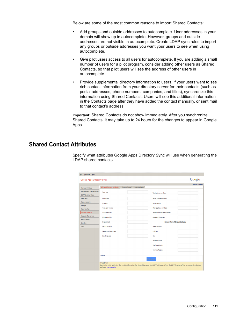 Shared contact attributes, Shared contact attributes 111 | Google Apps Directory Sync Administration Guide User Manual | Page 111 / 146