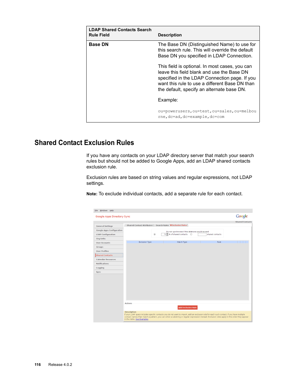 Shared contact exclusion rules, Shared contact exclusion rules 116 | Google Apps Directory Sync Administration Guide User Manual | Page 116 / 146
