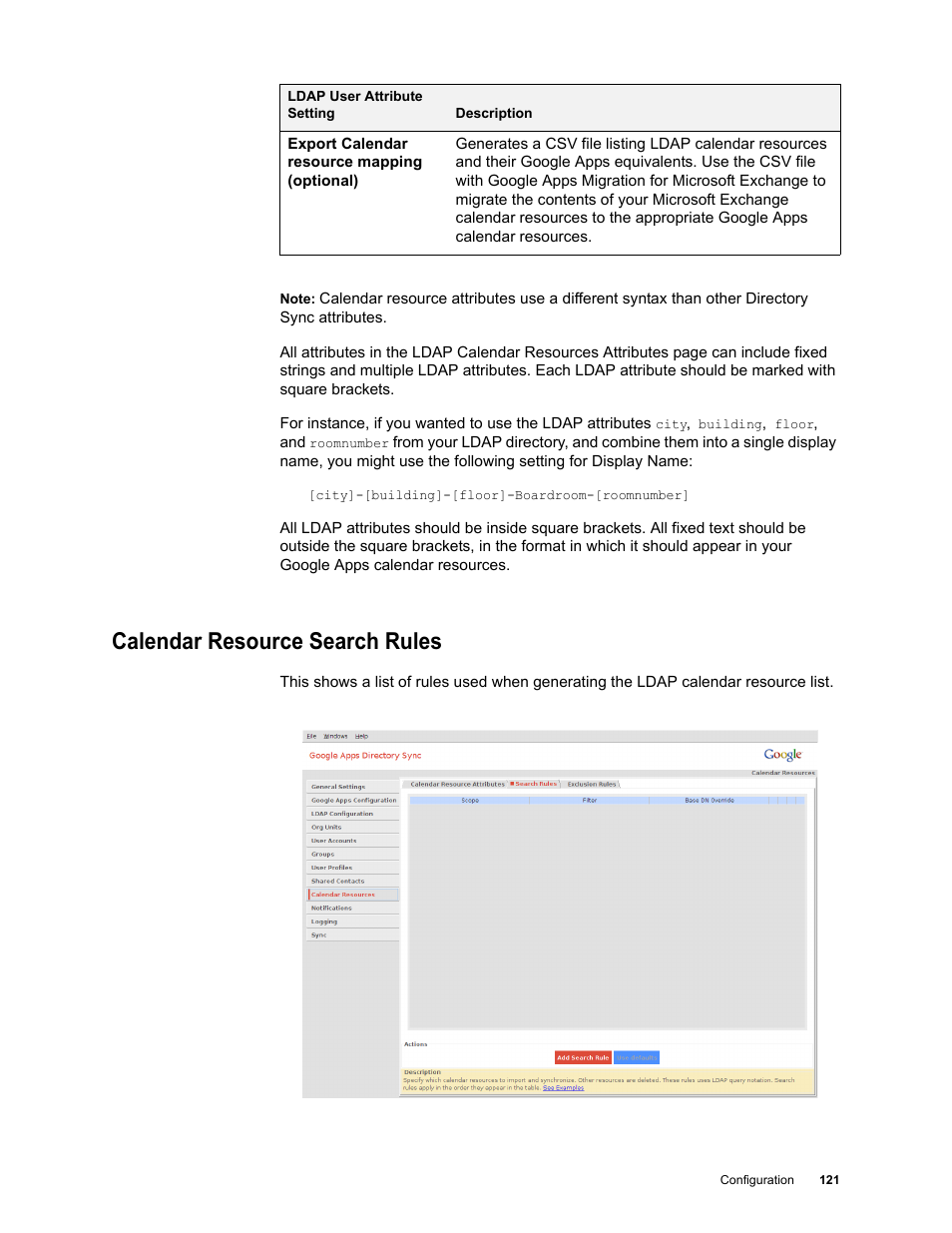 Calendar resource search rules, Calendar resource search rules 121 | Google Apps Directory Sync Administration Guide User Manual | Page 121 / 146