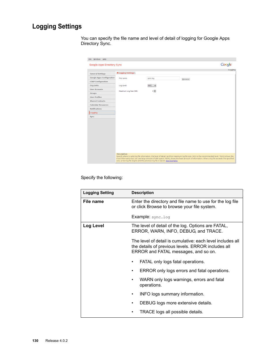 Logging settings, Logging settings 130 | Google Apps Directory Sync Administration Guide User Manual | Page 130 / 146