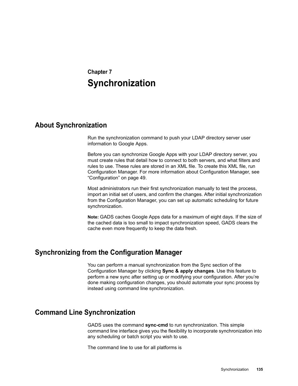 Synchronization, About synchronization, Synchronizing from the configuration manager | Command line synchronization | Google Apps Directory Sync Administration Guide User Manual | Page 135 / 146