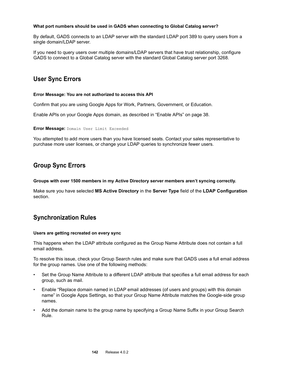 User sync errors, Group sync errors, Synchronization rules | Google Apps Directory Sync Administration Guide User Manual | Page 142 / 146