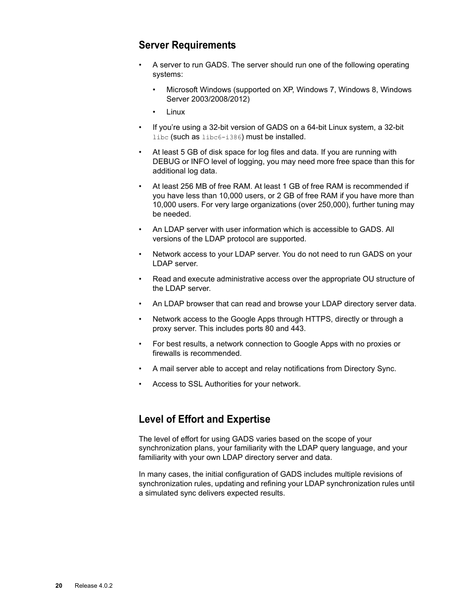 Server requirements, Level of effort and expertise | Google Apps Directory Sync Administration Guide User Manual | Page 20 / 146