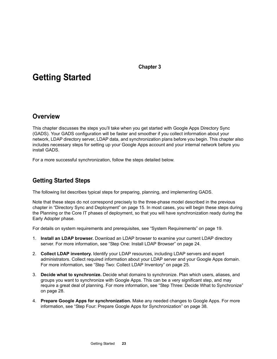 Getting started, Overview, Getting started steps | Chapter 3: getting started 23 overview 23 | Google Apps Directory Sync Administration Guide User Manual | Page 23 / 146