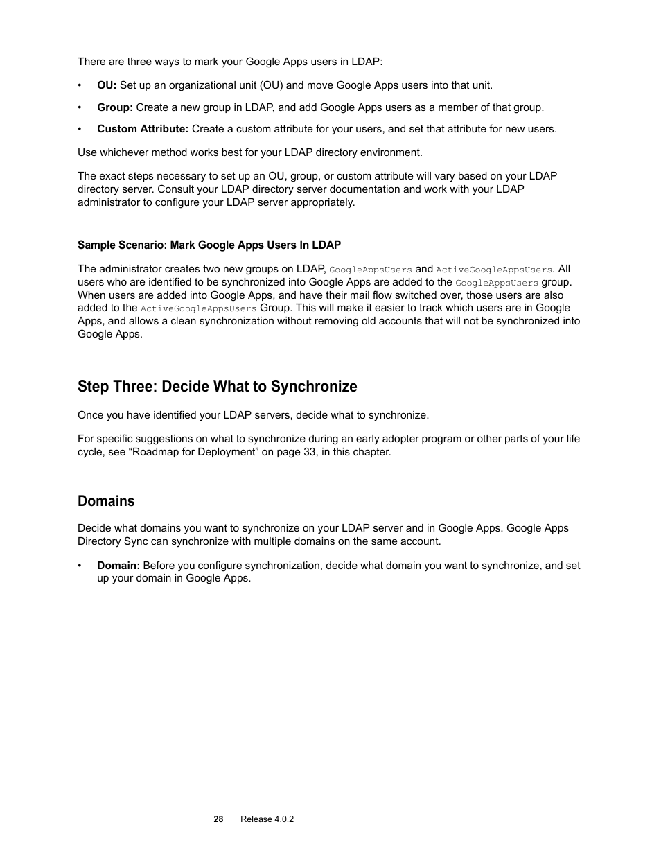 Step three: decide what to synchronize, Domains, Step three: decide what to synchronize 28 | Google Apps Directory Sync Administration Guide User Manual | Page 28 / 146
