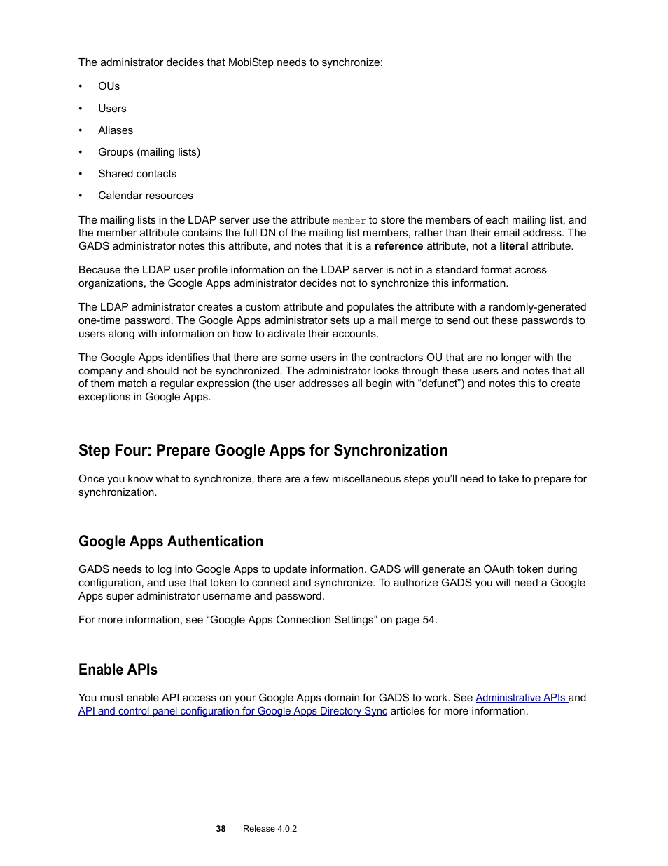 Step four: prepare google apps for synchronization, Google apps authentication, Enable apis | Google Apps Directory Sync Administration Guide User Manual | Page 38 / 146