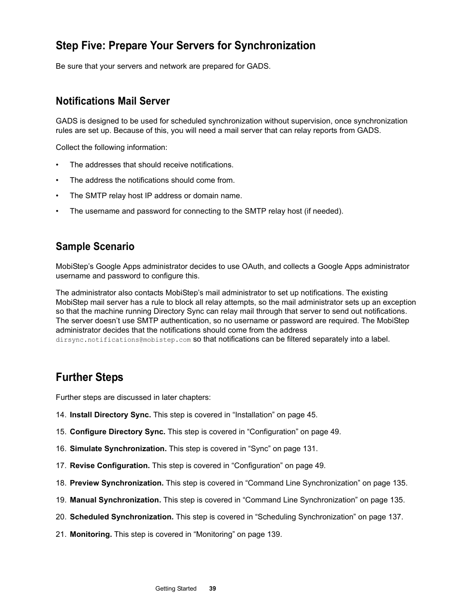Notifications mail server, Sample scenario, Further steps | Google Apps Directory Sync Administration Guide User Manual | Page 39 / 146