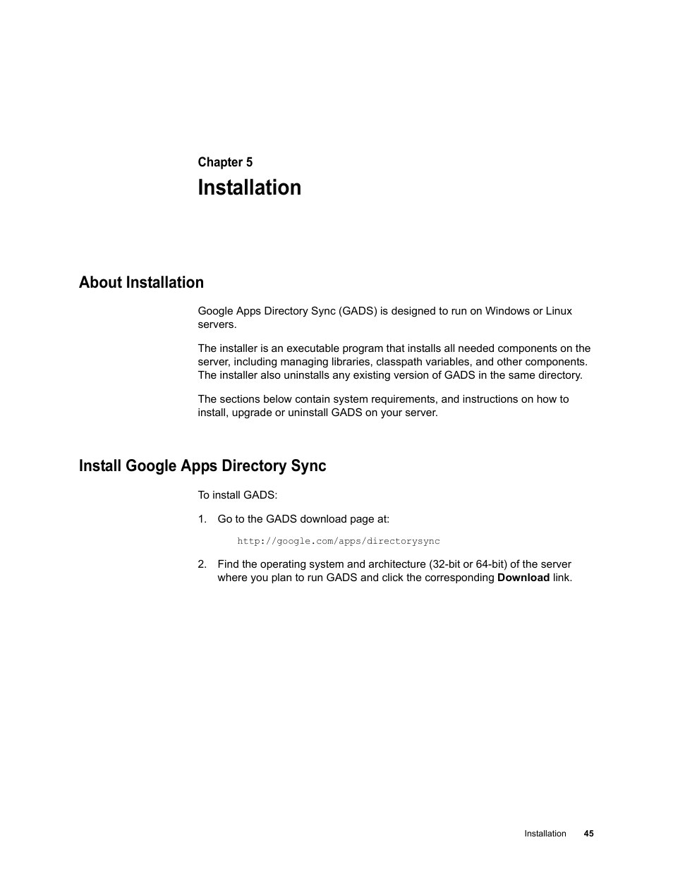 Installation, About installation, Install google apps directory sync | Google Apps Directory Sync Administration Guide User Manual | Page 45 / 146