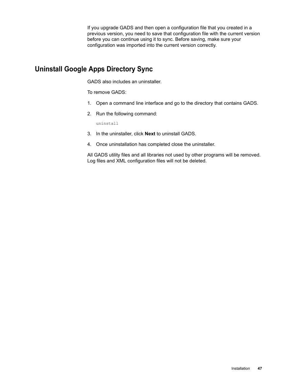 Uninstall google apps directory sync, Uninstall google apps directory sync 47 | Google Apps Directory Sync Administration Guide User Manual | Page 47 / 146