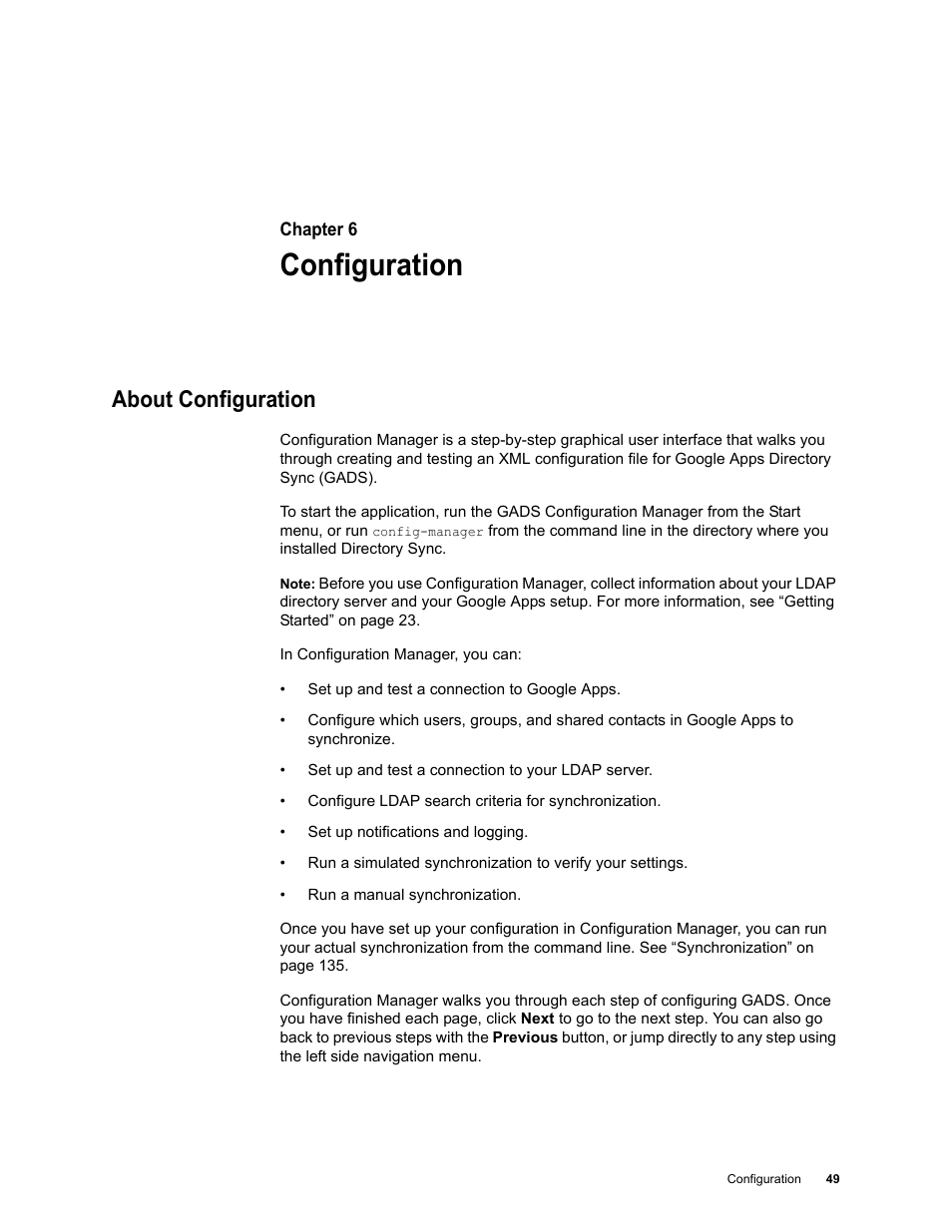 Configuration, About configuration, Chapter 6: configuration 49 about configuration 49 | Google Apps Directory Sync Administration Guide User Manual | Page 49 / 146
