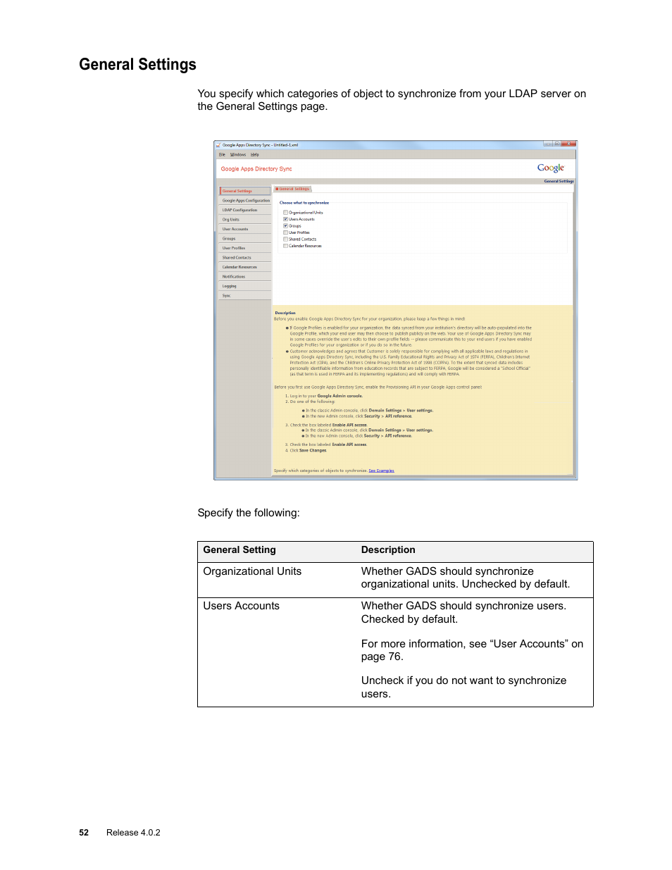 General settings, General settings 52 | Google Apps Directory Sync Administration Guide User Manual | Page 52 / 146