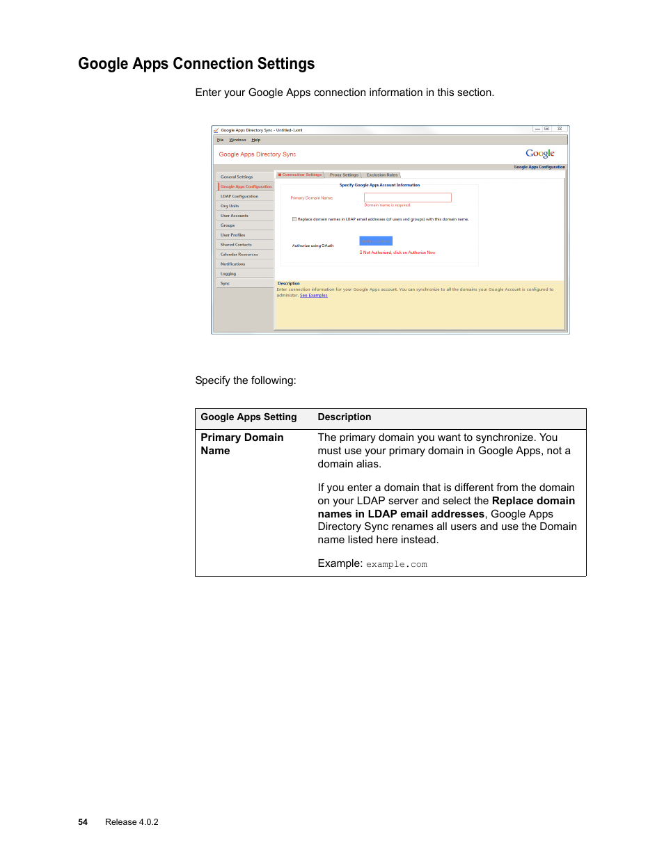 Google apps connection settings, Google apps connection settings 54 | Google Apps Directory Sync Administration Guide User Manual | Page 54 / 146