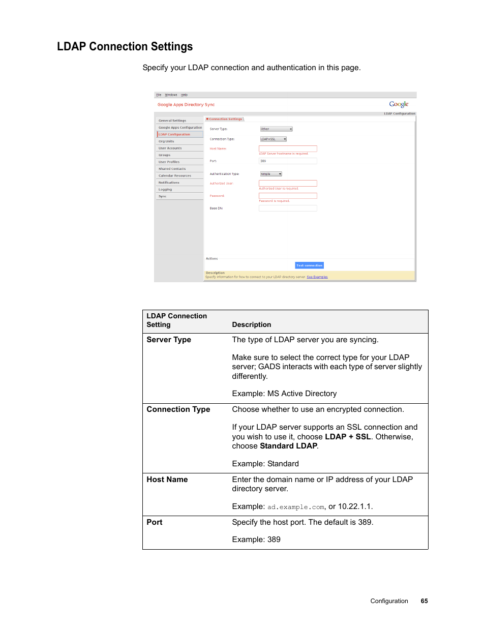 Ldap connection settings, Ldap connection settings 65 | Google Apps Directory Sync Administration Guide User Manual | Page 65 / 146