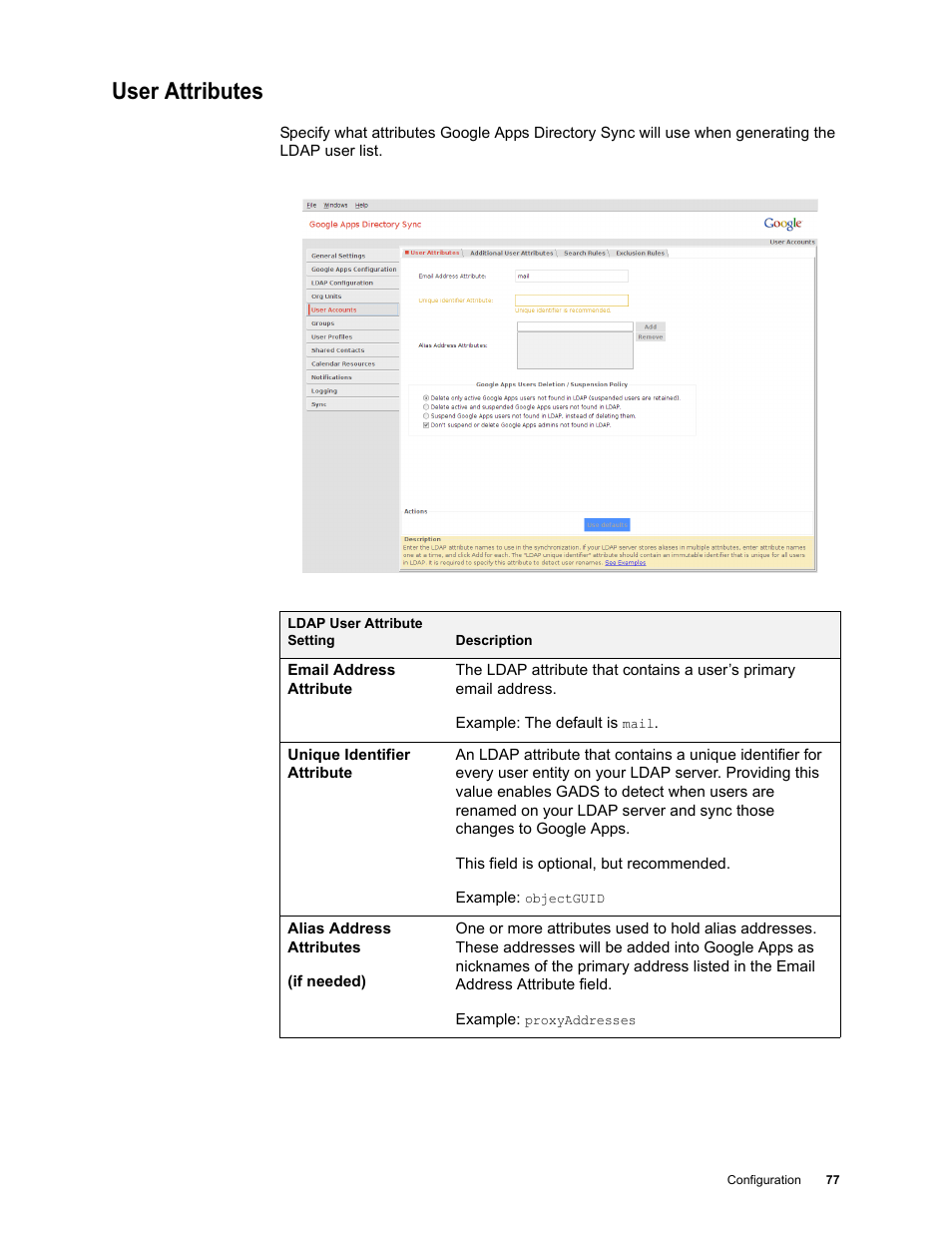 User attributes, User attributes 77 | Google Apps Directory Sync Administration Guide User Manual | Page 77 / 146