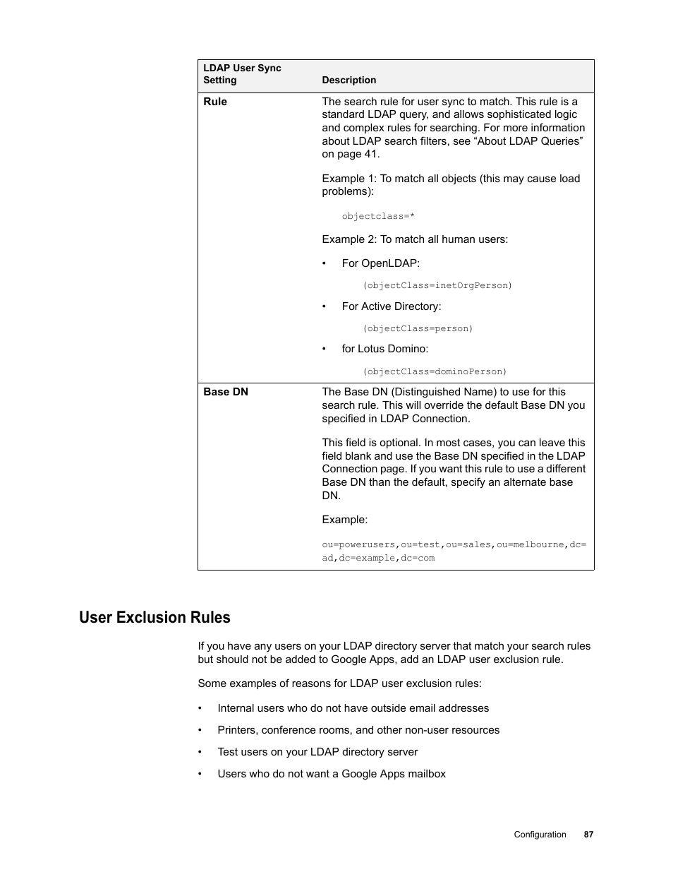 User exclusion rules, User exclusion rules 87 | Google Apps Directory Sync Administration Guide User Manual | Page 87 / 146