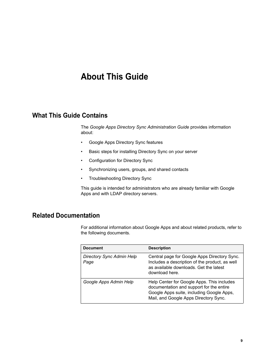About this guide, What this guide contains, Related documentation | Google Apps Directory Sync Administration Guide User Manual | Page 9 / 146